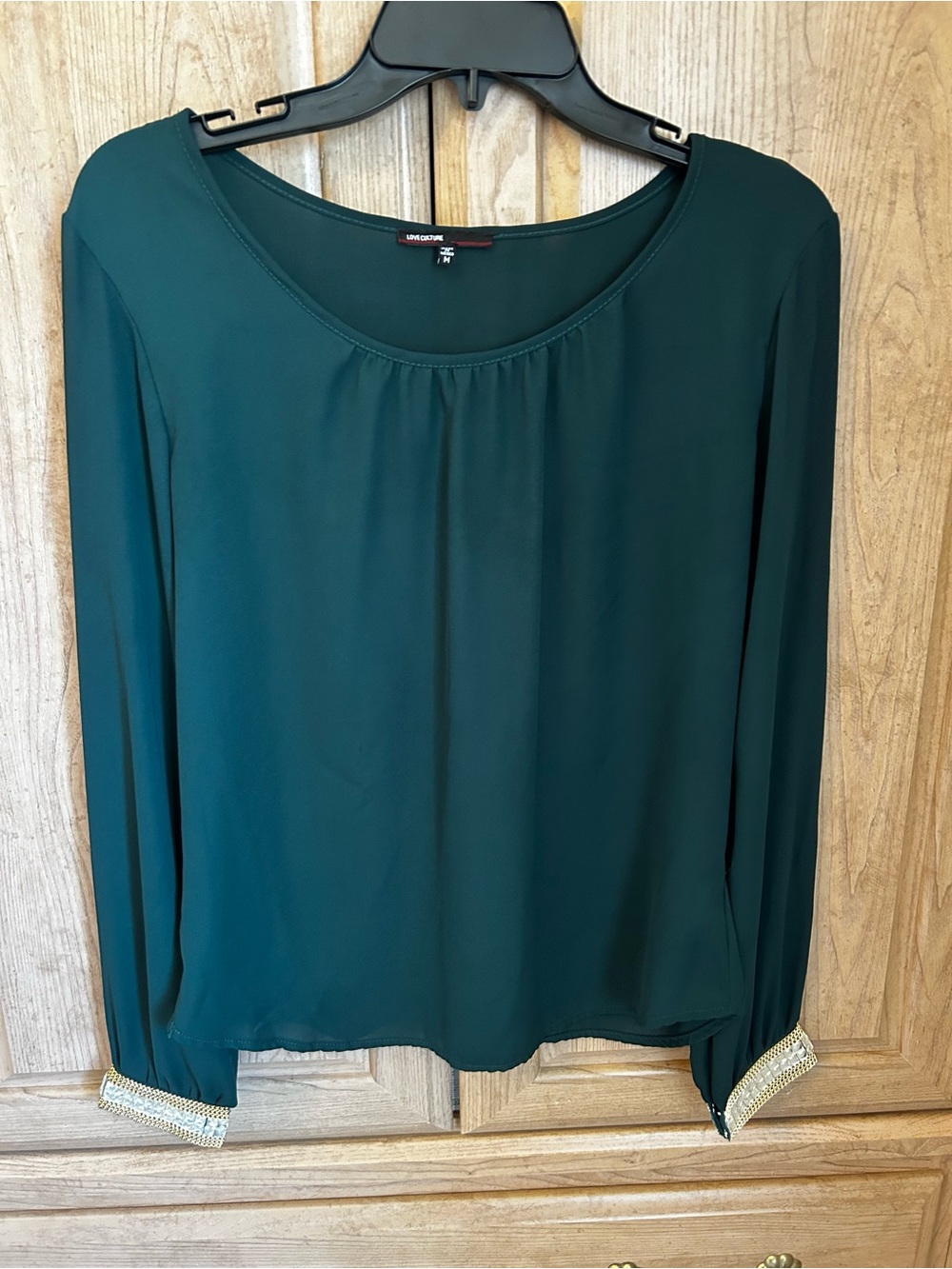 Love Culture Teal Green Long-Sleeve Blouse with Beaded Cuffs